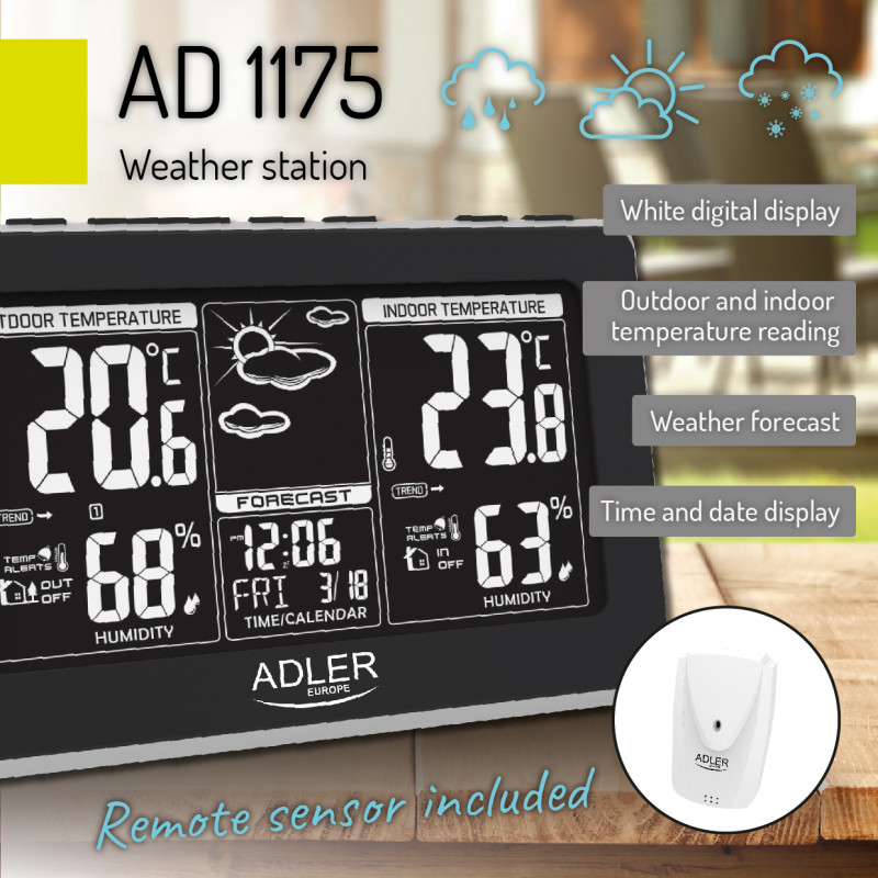 Метеорологична станция Adler AD 1175, Прогноза за времето, Календар, Влагомер, Часовник, LCD екран, Сребрист