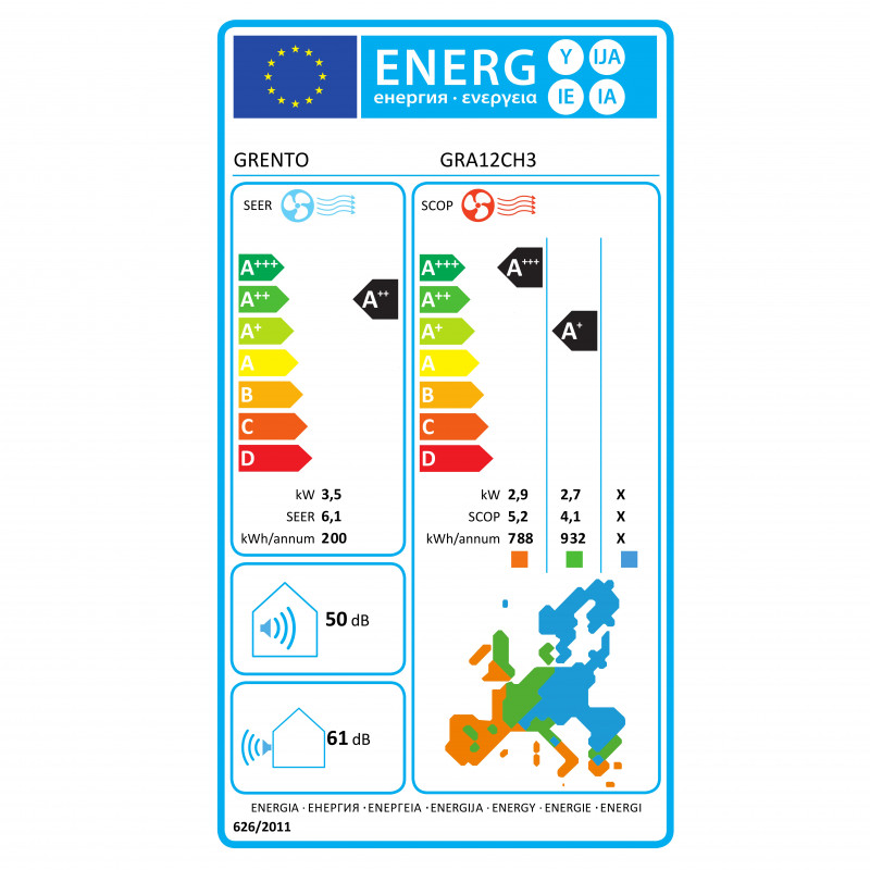 Инверторен климатик Grento GRA12CH3, 12000 BTU, А++/А+, LED дисплей, Самопочистване, Wi-Fi, I Feel, Бял