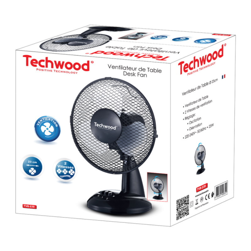 Настолен вентилатор Techwood TVE-239, 23 см диаметър, 25W, Осцилация, 2 скорости, Черен