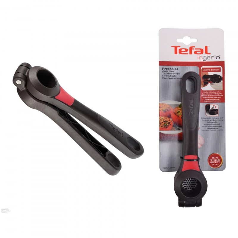 Преса за чесън Tefal K2072614, 19.7 см, Лесно освобождаване, Подвижна решетка, Черен/червен