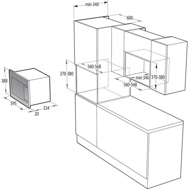 Микровълнова фурна за вграждане Gorenje BM201AG1X, 20 л, 1000 W, Грил, Автоматични програми, AquaClean, Сребрист