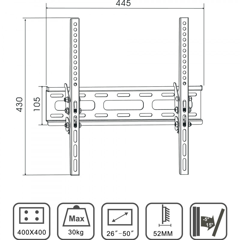 Стойка за телевизор X-TREMER 2650T, За стена, 26" до 50", Vesa 100x100/400х200, Макс 30 кг, Черен