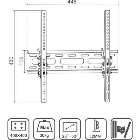 Стойка за телевизор X-TREMER 2650T, За стена, 26" до 50", Vesa 100x100/400х200, Макс 30 кг, Черен