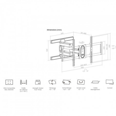 Стойка за телевизор Crown WM60K100MTL, 43-100", Хоризонтален наклон, Черен