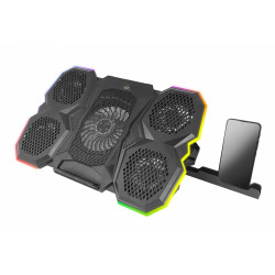 Охладител за лаптоп Esperanza Breva EGC107, 2600-3000 RPM, До 17.3", RGB със 10 режима, Поставка за телефон, USB, Черен