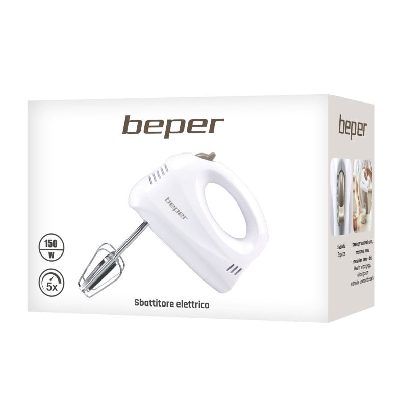 Миксер Beper BP.304, 150W, 5 скорости, Бутон за освобождаване на бъркалките, Бял