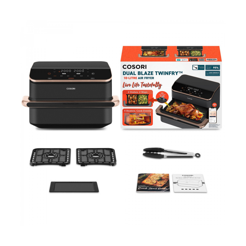 Двоен фритюрник с горещ въздух Cosori Dual Blaze TwinFry CAF-TF101S, 10 л, 6 програми, 240 C, Таймер, ThermoIQ, Черен