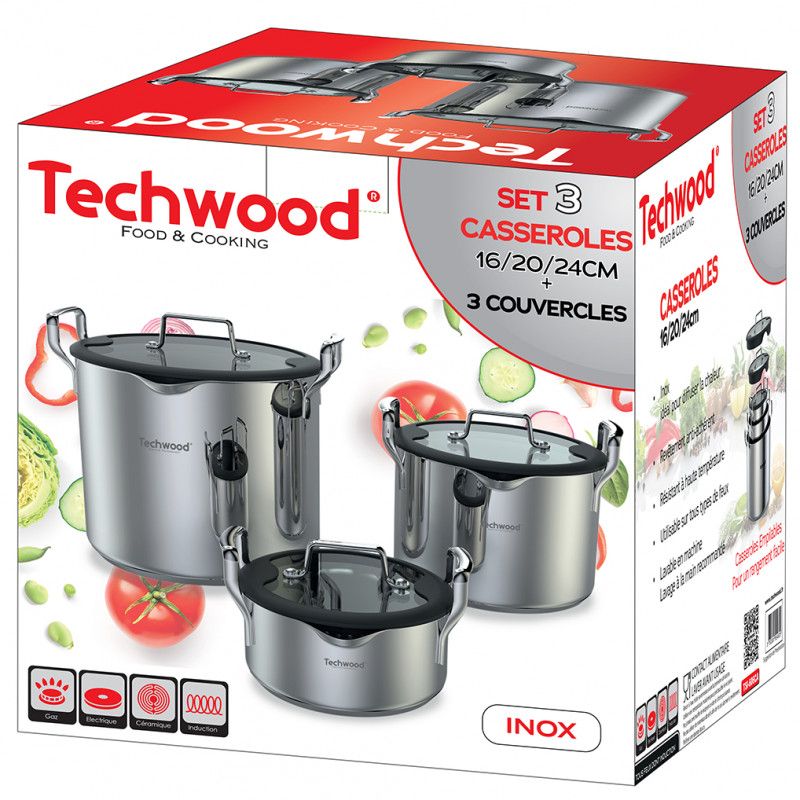 Комплект тенджери Techwood TSI-606CA, 6 части, Съхранене една в друга, Индукция, Инокс