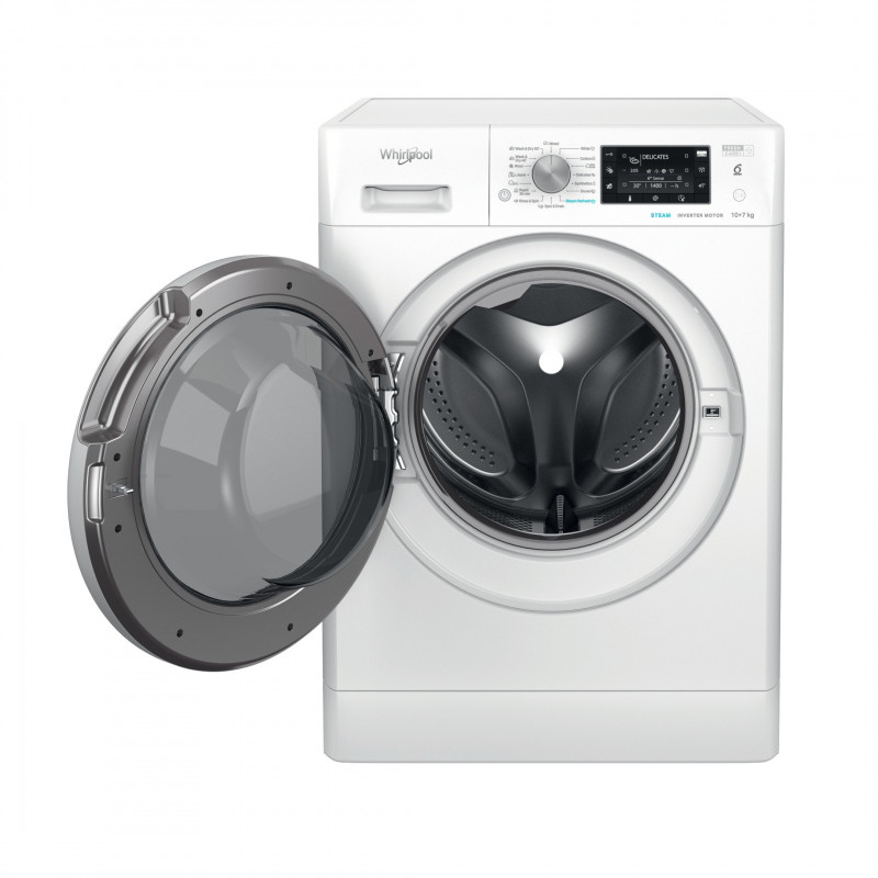 Пералня със сушилня Whirlpool FFWDD 1076258 SV EE, Инверторен мотор, 16 програми, 1600 об/мин, 10 кг, Клас E, LCD дисплей, Таймер, Бял