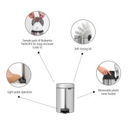 Кош за боклук с педал Brabantia NewIcon 649003, 3 л, Плавно затваряне, Противоплъзгаща основа, Устойчив на пръстови отпечатъци, Инокс/Мат