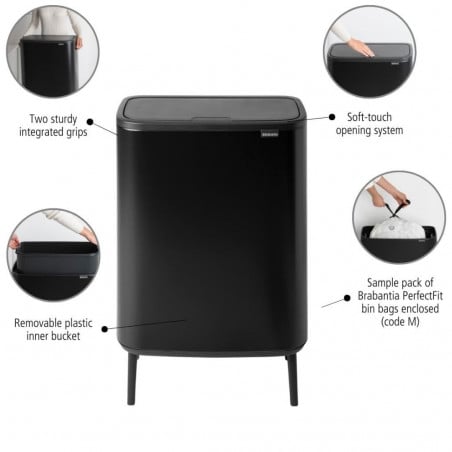 Кош за смет Brabantia Bo Touch Hi 1001260, 60 л, Повдигнат, Плавно и безшумно отваряне, Черен мат