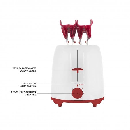 Тостер Beper P101TOS100, 2 филийки, 7 нива, 2 щипки, Подвижна тавичка за трохи, Бял/Червен