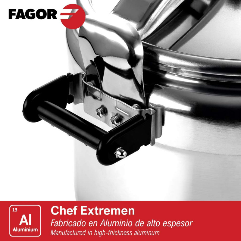 Тенджера под налягане Fagor Chef Extremen 100602653, 15 л, 30 см, 50 kPa, 3 системи за безопасност, Алуминий, Сребрист