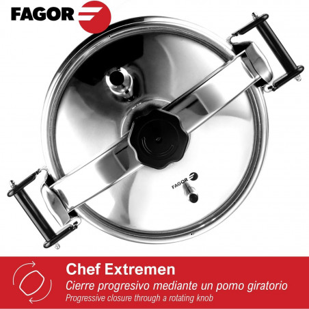 Тенджера под налягане Fagor Chef Extremen 100602653, 15 л, 30 см, 50 kPa, 3 системи за безопасност, Алуминий, Сребрист