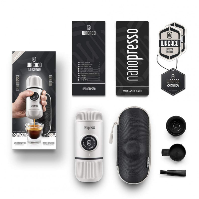 Преносима еспресо машина Wacaco Nanopresso Chill White, 18bar, 80 мл, За мляно кафе, Без необходимост от зареждане и батерии, Калъфче, Бял