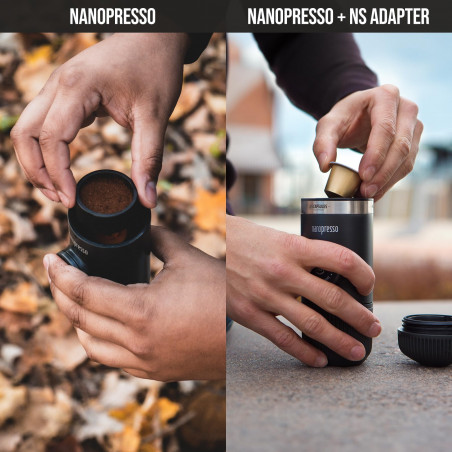 Преносима еспресо машина Wacaco Nanopresso Classic, NS Адаптер за Nespresso капсули, 18bar, 80 мл, Без необходимост от зареждане и батерии, Черен