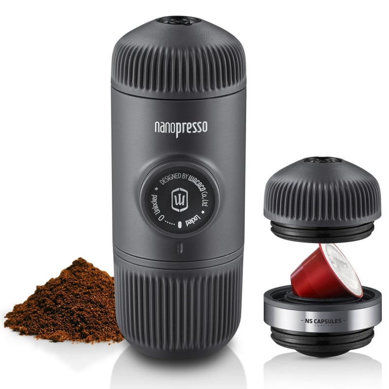 Преносима еспресо машина Wacaco Nanopresso Classic, NS Адаптер за Nespresso капсули, 18bar, 80 мл, Без необходимост от зареждане и батерии, Черен