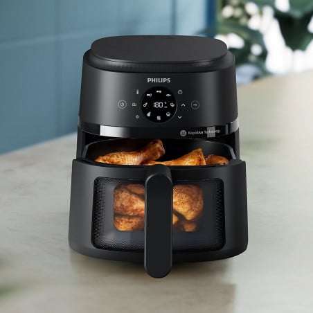 Фритюрник с горещ въздух AirFryer Philips NA220/00, 1500W, 4.2л, 60-200C, 13 програми, Таймер, Rapid Air, Черен