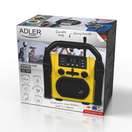 Строително радио Adler AD 1911, 10W, 87.5-108 MHz, Bluetooth, AUX вход, Прахоустойчиво, Водоустойчиво,, 6x R14, Жълт