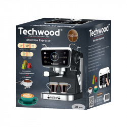 Еспресо машина Techwood TCA-1386EXN, 1350W, 20 bar, 1.5 л, 5 функции, Touch screen, Дюза за пара, Черен/Инокс