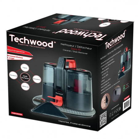 Прахосмукачка за текстил Techwood TAN-8005R, 185W, Li-Ion 220 mAh, Безжична употреба, Резервоар за чиста и отпадъчна вода, 40 мин автономия, 2 скорости, Черен/червен