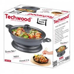 Електрически уок тиган Techwood TWF-306, 1400W, 3.6 л, 32х8 см, Стъклен капак, Термостат, Незалепващо покритие, Сив