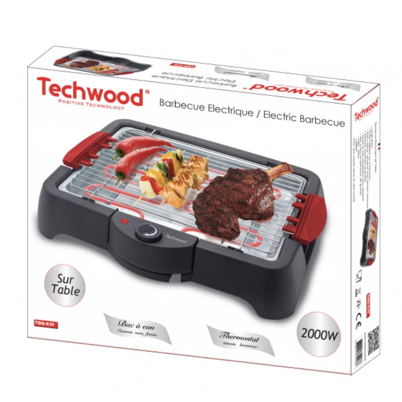 Електрическа скара Techwood TBQ-835, 2000W, 5 степени на мощност, Регулируем термостат, Taвичка за мазнина, Черен