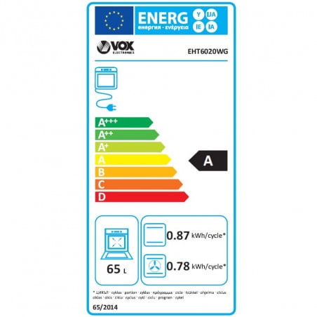 Готварска печка VOX EHT 6020 WG, 8600W, 65 л, Клас А, 4 електрически котлона, 8 функции, До 250C, Бял