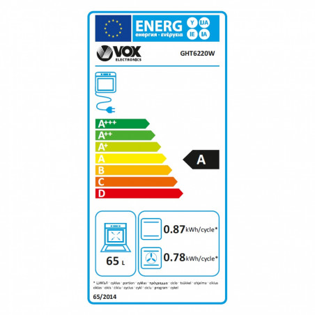 Готварска печка VOX GHT 6220 W, 5600W, 65 л, Клас А, 2 газови и 2 електрически котлона, 8 функции, До 250C, Бял