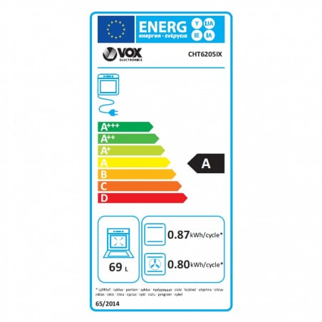 Готварска печка VOX CHT 6205 IX, 8600W, 69 л, Клас А, Витрокерамичен плот с 4 зони, 8 функции, До 250C, Инокс