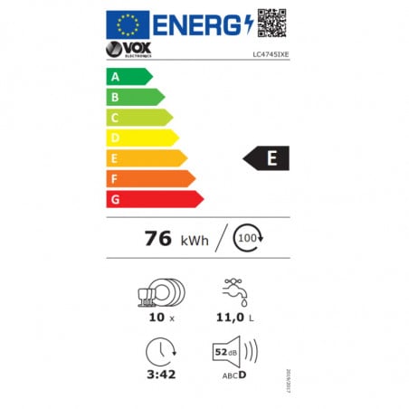 Съдомиялна машина VOX LC 4745 IXE, Клас Е, 10 комплекта, 7 програми, Индикатори за сол и гланц, Бял/сив